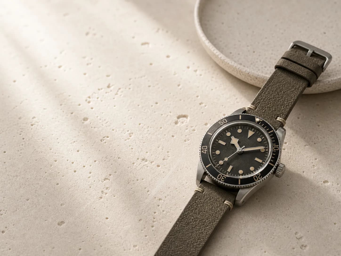 Unbranded compact vintage diver proportion on warm stone
