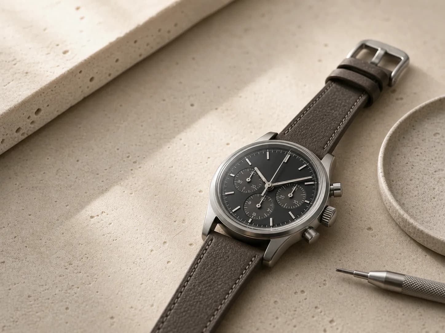 Unbranded mechanical chronograph proportion on warm stone